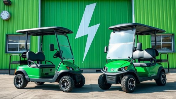 Modern electric golf carts for sale parked in front of a green building.