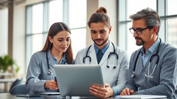 Healthcare workers discussing efficiency using e-invoicing.