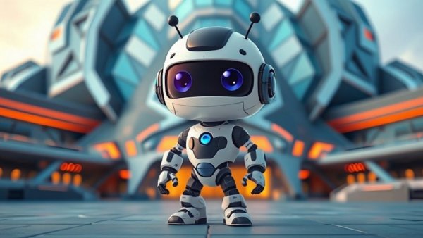 Cartoon robot with futuristic design in front of modern building.