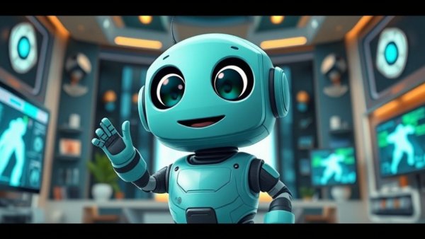 Cartoon robot with digital home interface, DIY smart home security system.