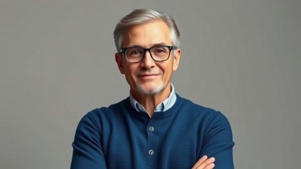 A confident mature man in a blue sweater poses calmly, reflecting small business leadership in technology and analytics.