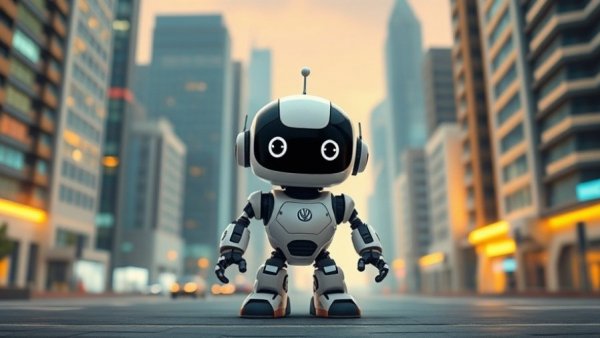 Futuristic robot with cityscape background, colorful cartoon style.
