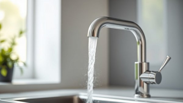 Modern kitchen faucet with steaming water emphasizing winter comfort.