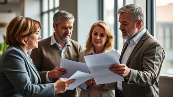 Middle-aged couple updating estate plans with an advisor in an office.