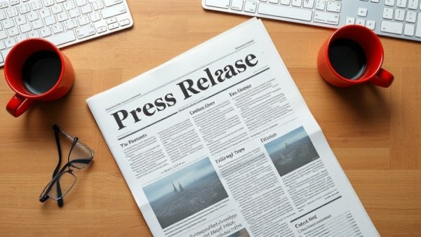 Press release on table with glasses, red cup, keyboard.