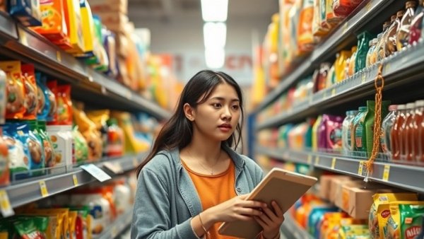 Young woman shopping in supermarket aisle, selecting products thoughtfully, related to Trump tariffs food prices.
