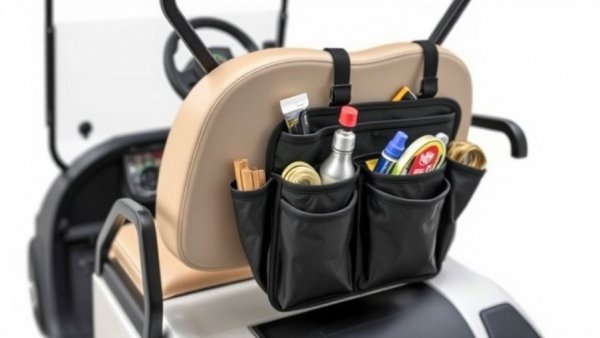 Close-up view of a golf cart seat organizer with items inside.