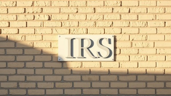 IRS sign on a beige brick wall, tax strategy focus.