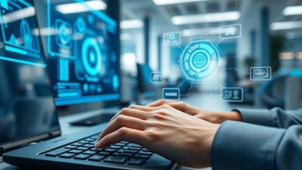 Hands interacting with AI digital interface in modern office, tax strategy for AI.