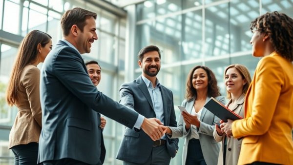 Business professionals in modern setting, handshake, indirect tax process automation.