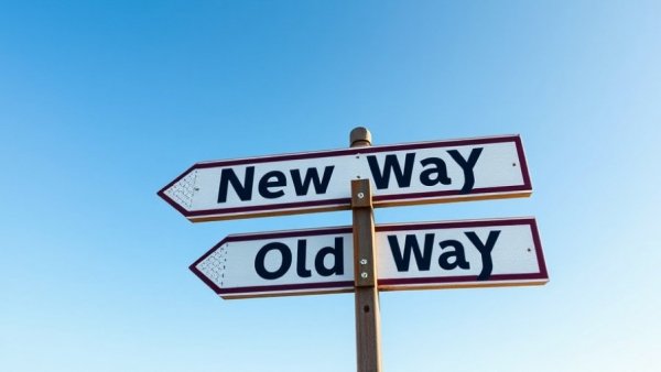 Directional signs showing 'New Way' and 'Old Way' against blue sky, symbolizing strategy contrast.