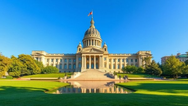 Historic government building reflecting in pond, tax strategy and planning.