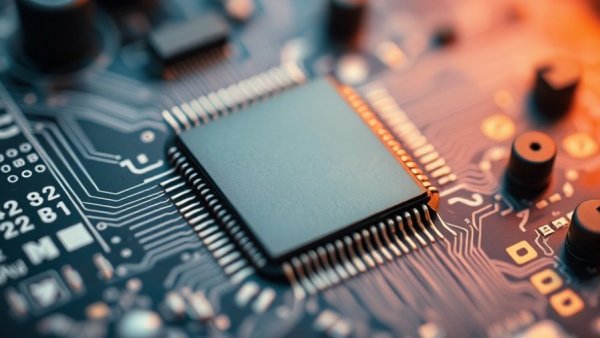 Close-up of microchip on circuit board, representing CFOs' trust in AI for finance.