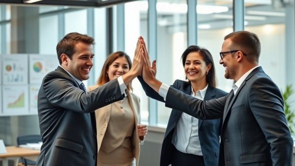 Professional team high-fiving in office, teamwork and success, tax strategy and planning.