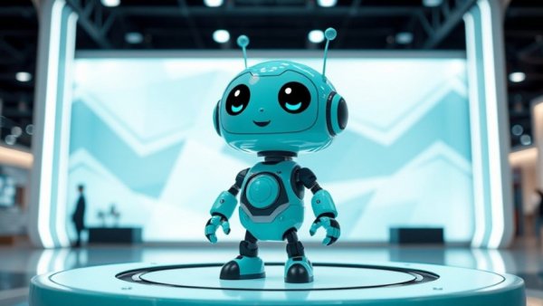 Cartoon robot character at high-tech platform, related to smart glasses CES 2026.