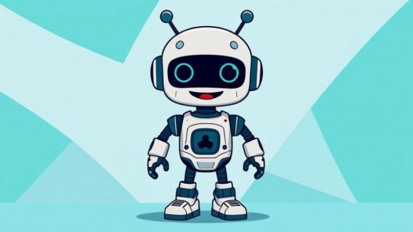 Teal cartoon robot on abstract teal background, bright lighting.