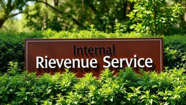 Prominent IRS building sign surrounded by greenery.
