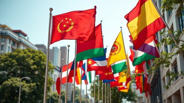 Vibrant international flags in cityscape with trees and buildings.