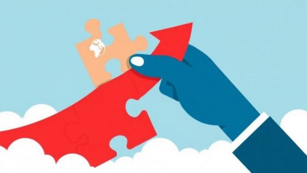 Stylized puzzle piece fitting into arrow with globes, symbolizing strategic fit for small business.