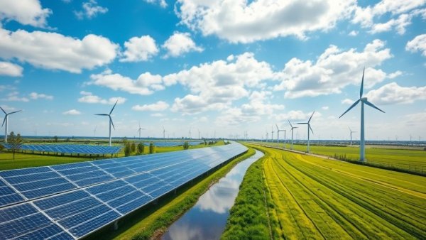 Expansive renewable energy landscape with solar panels and wind turbines, illustrating sustainability and planning.