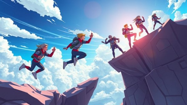 Cartoon figures jumping across gap symbolizing decision making and problem solving.