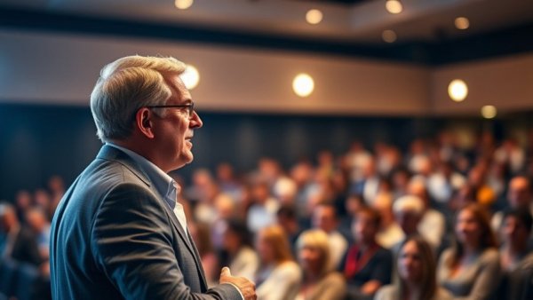 Confident speaker addressing a seminar audience on how to become an expert in your industry.