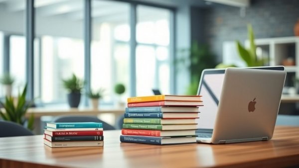Intrapreneurs drive change with books and technology on a desk.