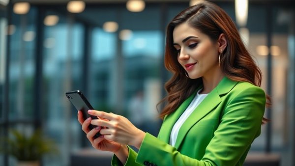 Businesswoman in green blazer using phone in modern office, managing people in small business.