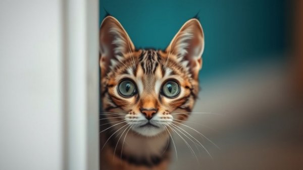 Curious cat peeking with wide eyes, evoking storytelling strategies.