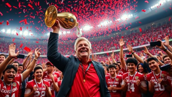 Victorious teamwork celebration at stadium.