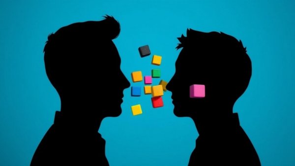 Silhouette profiles symbolize knowledge transfer, colorful blocks.