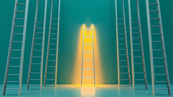 Glowing ladder representing customer feedback and competitor analysis on teal background.