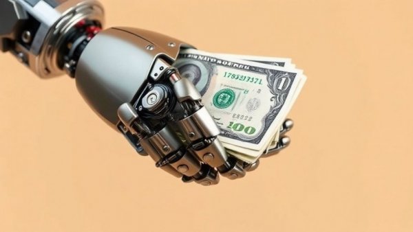 Robotic hand holding dollar bills, symbolizing AI investment.