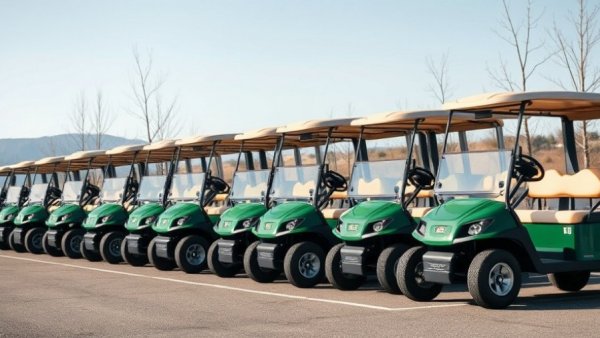 Modern electric golf carts for sale neatly parked in a row outdoors.