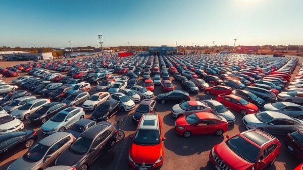 Diverse cars in a dealership lot, calculating vehicle depreciation.