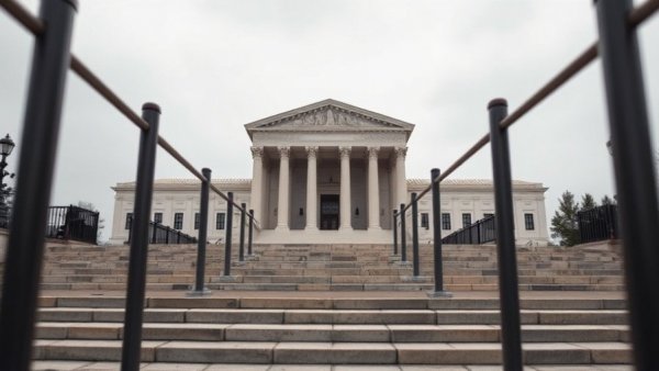 SCOTUS building under cloudy sky with barriers, solemn atmosphere.