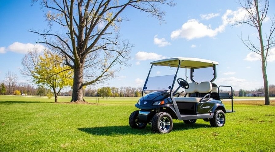 Close-up of a green gas-powered golf cart reflecting trees.