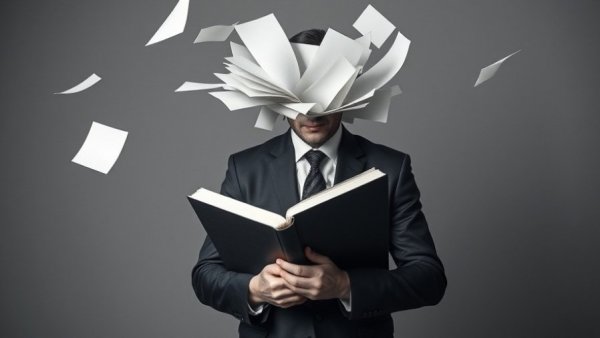 Abstract concept of organizational culture with papers and a hidden face.