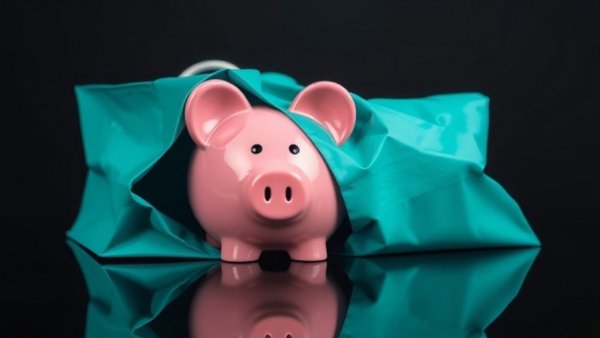 Piggy bank in a teal bag symbolizing financial performance measurement.