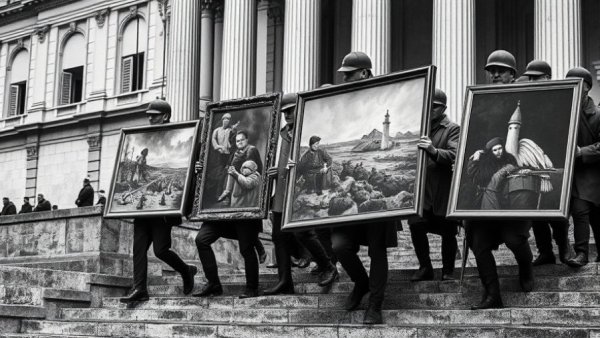 Nazi-looted art restitution: Soldiers recovering paintings in WWII.
