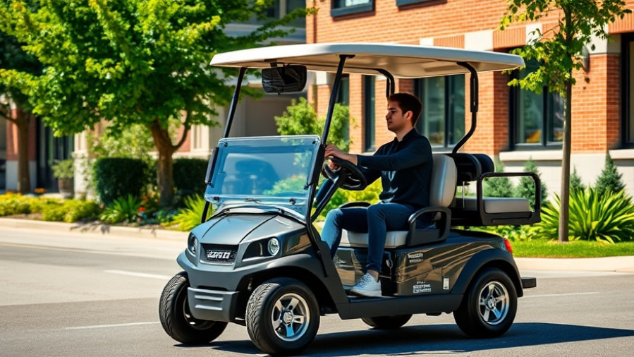 Modern electric golf cart for sale, driven by young man in vibrant urban setting.