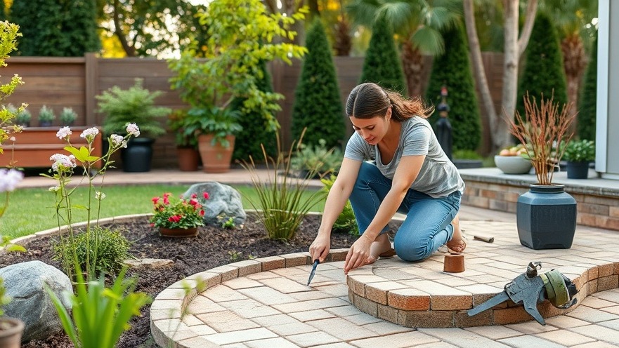 Happy couple working on a budget-friendly DIY backyard makeover with pavers.