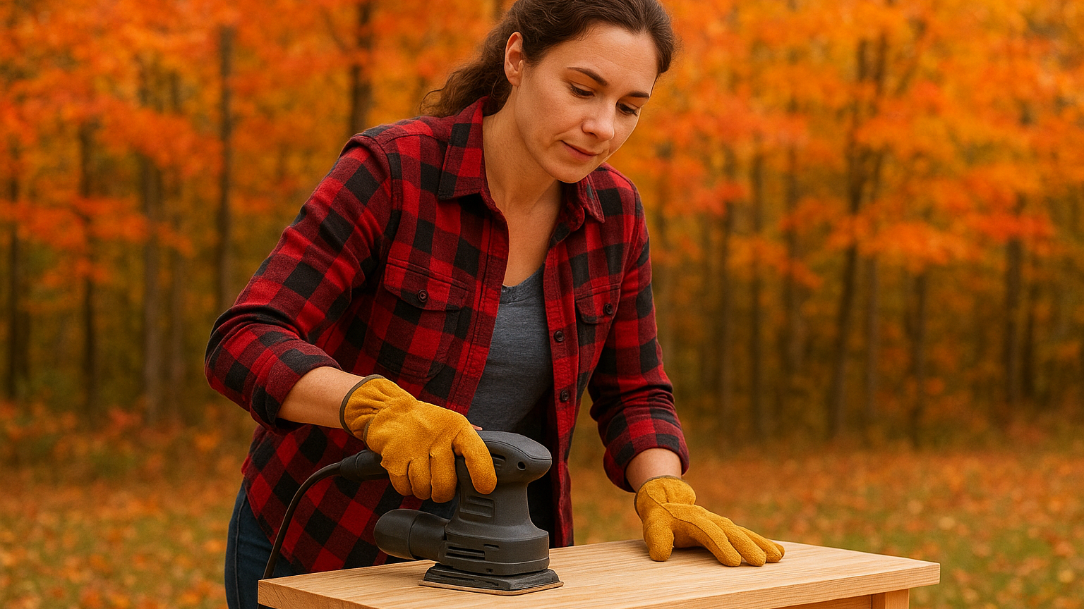 woman outside working on a DIY wood working project.