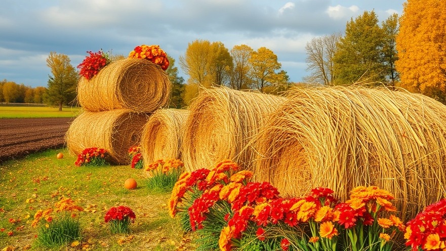 Beautiful autumn harvest scene with hay stacks and flowers, ideal for Hampton Roads outdoor living spaces.