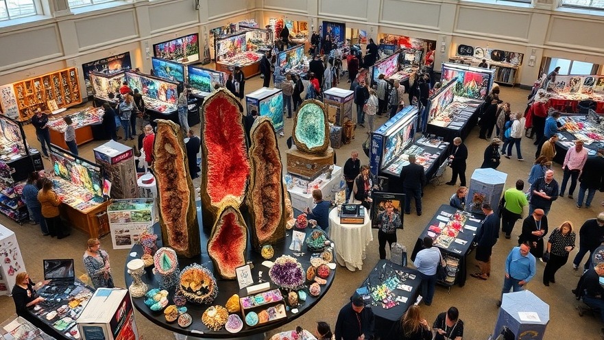 Aerial view of a vibrant gem show in Virginia Beach, featuring gemstone towers and happy attendees.