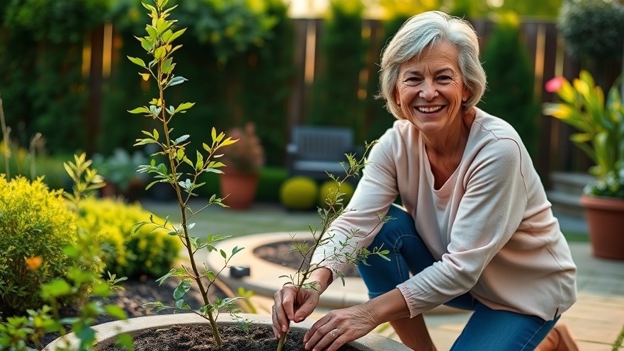 Middle-aged woman planting a linden tree in Hampton Roads outdoor living spaces.