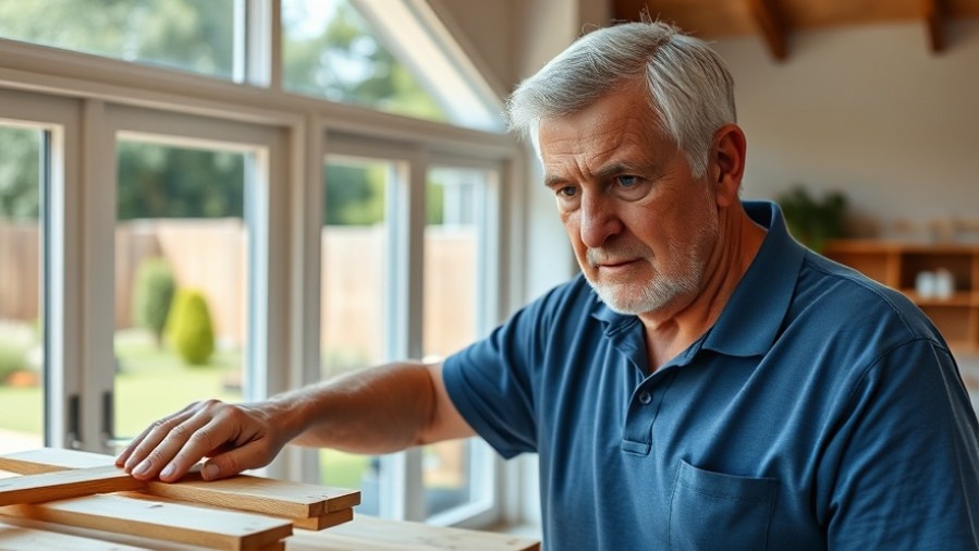 Older man demonstrates DIY home improvement ideas using wood slats in bright interior.