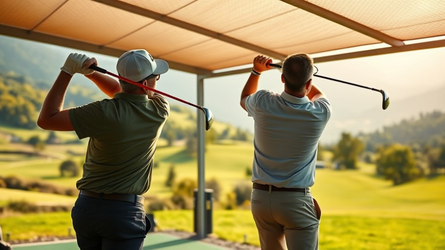 Two golfers practicing swings at a scenic driving range, showcasing local golfing community.