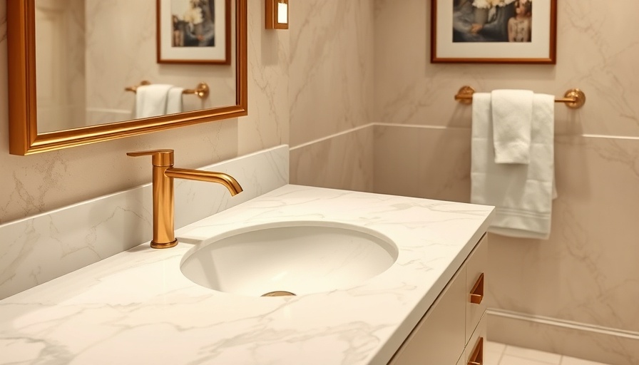 Elegant bathroom countertop with gold faucet and towel bar.