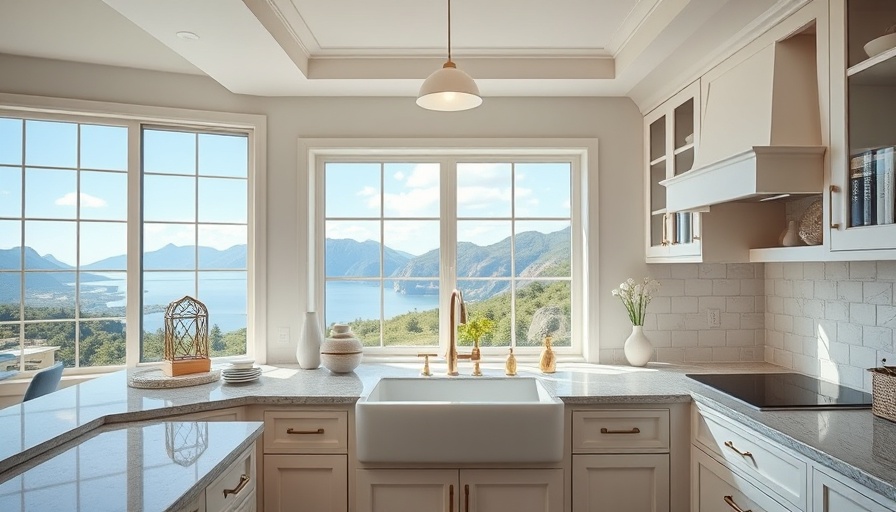 Elegant kitchen showcasing farmhouse sink benefits and scenic view.